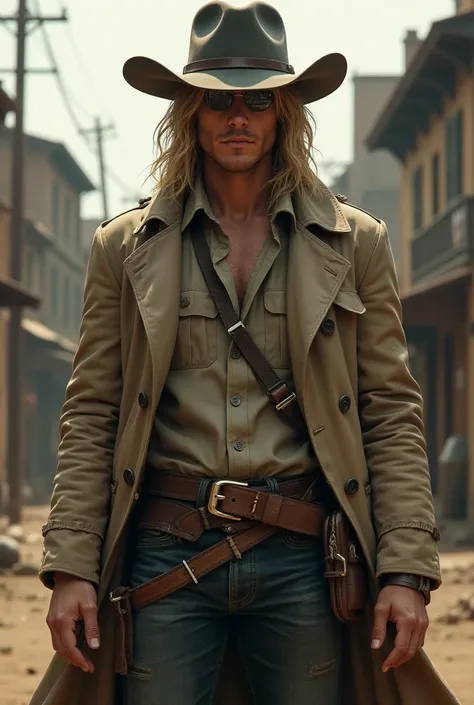 Normal build man without beard, long blond hair, gray blind eye, a trench coat and a cowboy hat, 20 years old.