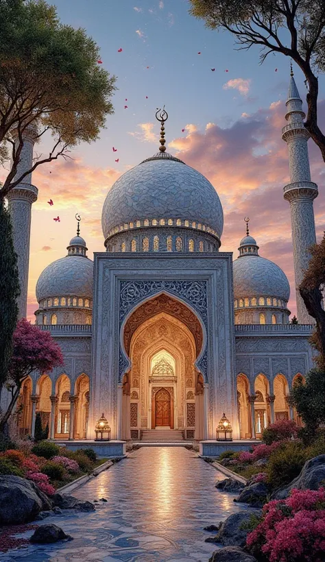 Create A mosque like a heavenly palace. With Islamic culture, shining crystals, a magnificent and unique shape and beauty. And decorated with Islamic lanterns outside. There are also blooming flowers. And green trees. Looks like a palace in the amazing hea...