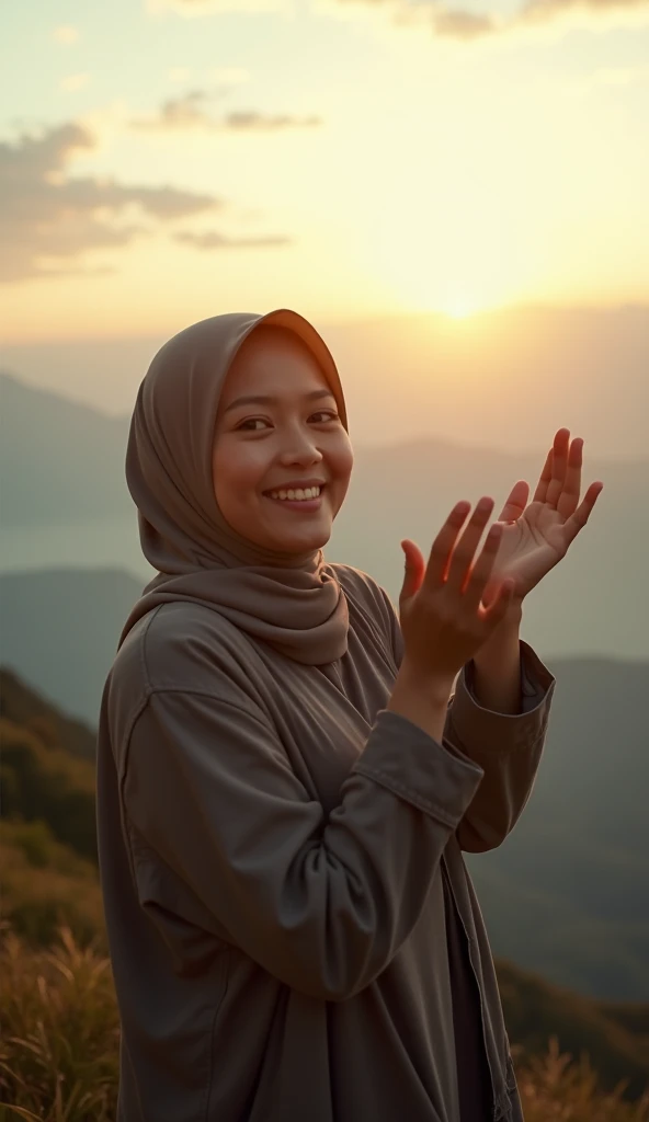 cinematic still (  Works  ,   best quality  , 4K, ultra-detail,   realistic ,seorang wanita beautiful indonesia, wearing casual clothes and hijab , is welcoming the morning sun light, hands stretched , looking at the camera and smiling ,di sebuah puncak pe...