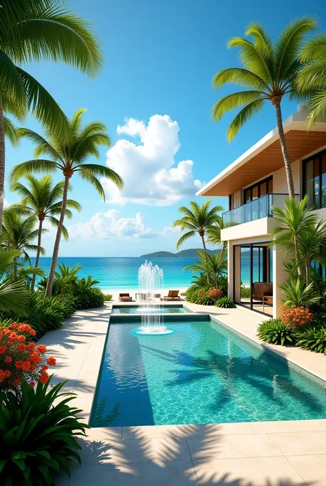 Brazilian house, water fountain, beach, planting trees