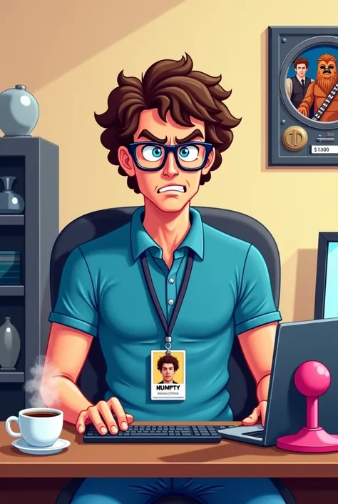 An illustration of a middle-aged man with curly brown hair, blue eyes, and dark-rimmed glasses sitting behind a desk in an office. The man is wearing a blue polo shirt, blue jeans, and has a lanyard around his neck with the card "NUMPTY" and his mugshot. T...