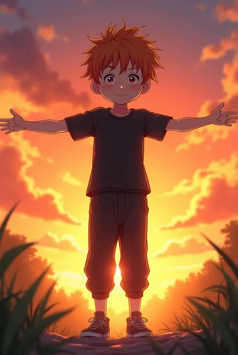 A young boy with spiky hair wearing a black t-shirt, baggy pants, and sneakers, stretching his arms while gazing at the sunrise, realistic anime 4k