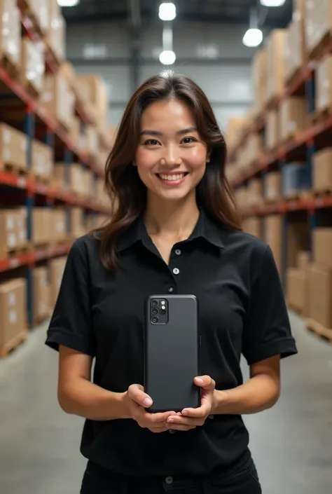 a smiling woman wearing a black polo shirt with a box in her hands in the background a warehouse with many boxed products the woman has European features pose for advertising. 