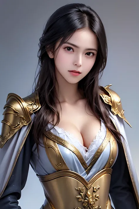 ((female warrior upper body)),((Wears silver and gold steel armor and cloak:1.5)),1 person,  black hair,  (((Real Face))),  Belly Shortcut,((Big breasts and cleavage)),  high definition face and skin texture  ,   staring at the camera,    Chinese Warrior :...