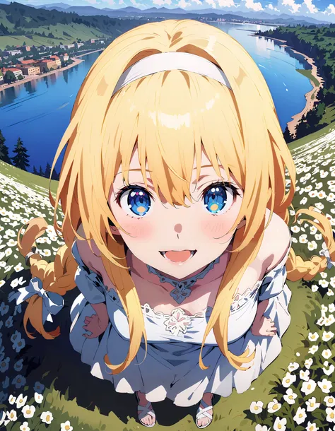 Alicesburg,  Alice Sberg , Alone,bangs,  blue eyes,   blond hair,  smile,blush, open your mouth, hair between eyes, Very long braids,  single braided , headband, white  headband,yellow off-the-shoulder dress,Medium breast, white long skirt, cute heeled san...