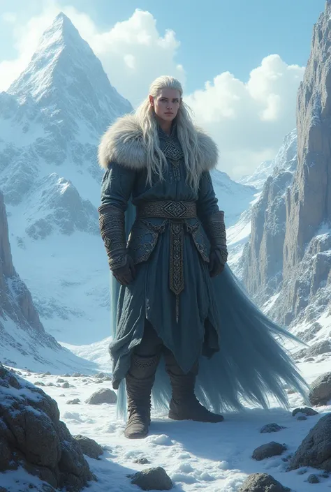 A Elf with Nordic traits, Nordic clothes, mountain background