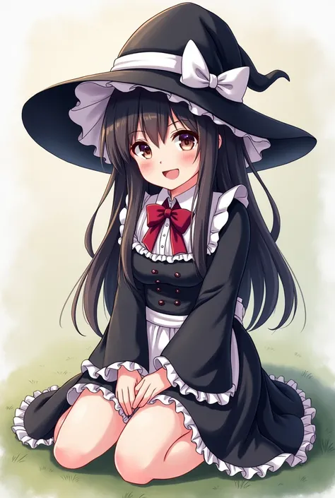 anime girl in a witch costume sitting on the ground, an anime drawing by Jin Homura, pixiv, shin hanga, anime moe artstyle, anime visual of a cute girl, hestia, cute anime waifu in a nice dress, black - haired mage, anime girl in a maid costume, small curv...