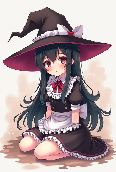 anime girl in a witch costume sitting on the ground, an anime drawing by Jin Homura, pixiv, shin hanga, anime moe artstyle, anime visual of a cute girl, hestia, cute anime waifu in a nice dress, black - haired mage, anime girl in a maid costume, small curv...