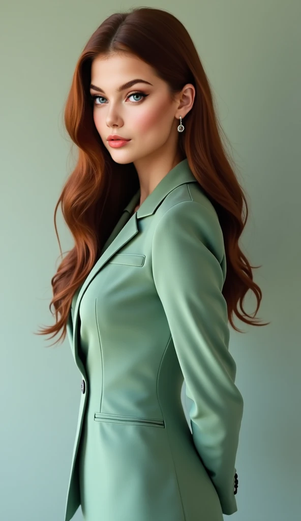 photo realistic full length portrait. A young very beautiful woman short, slender, (1.5 meters) no taller than one and a half meters with ((very long) (dark auburn) hair which flows in waves down (below her waist)). She is wearing a smart pale green busine...