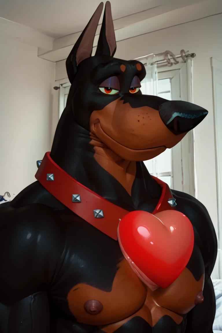 (by Meesh:1), (by darkgem:0.8), (by chunie:1), masterpiece, looking at viewer,  detailed fur, (detailed pixar eyes:1.2), detailed eyes, male, anthro, (Roscoe), (Red Studded Collar), (Muscular), Doberman, (heartbeat cartoon)(heart out of chest)