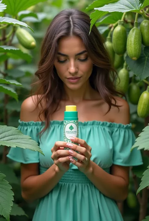 brunette italian lady smelling antiperspirant:1.2, surrounded by many cucumbers, cucumber plants, mint teal ruffled dress, vibrant and energetic, closeup, staring forwards, portrait closeup