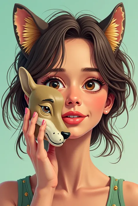 Make a woman holding an animal mask close to her face. It focuses exclusively on the face.  I want the photo to be left out. Cartoonsesca. 