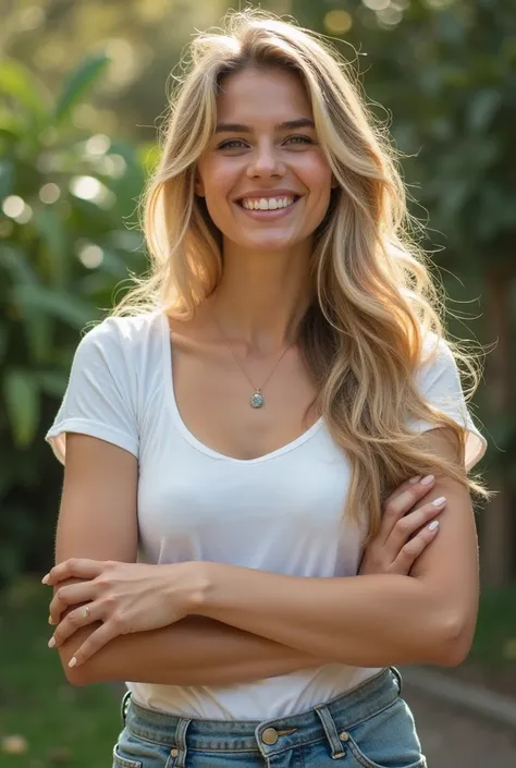 Realistic photo of a 25-year-old full-bodied blonde girl