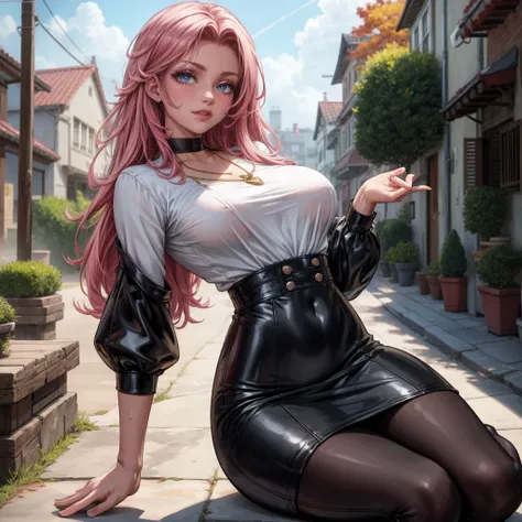 Masterpiece, beautiful art, 8k, art style by sciamano240, very detailed face, detailed hair, detailed clothes, detailed fabric, 1girl, beautiful face, long hair, hot pink hair , model head shot, facing camera, very detailed green eyes, sultry smile, wearin...