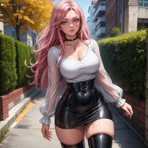 Masterpiece, beautiful art, 8k, art style by sciamano240, very detailed face, detailed hair, detailed clothes, detailed fabric, 1girl, beautiful face, long hair, hot pink hair , model head shot, facing camera, very detailed green eyes, sultry smile, wearin...