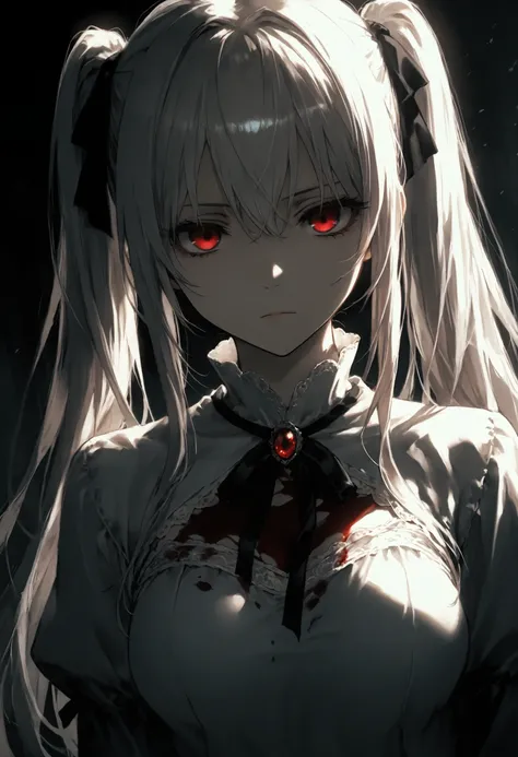 1 woman, solo, pale skin, dutch angle, close up, silver hair, long hair, double ponytails, red eyes, beautiful detailed eyes, medium breasts, white dress, looking at viewer, cold stare, blood stains, serious expression, dark theme, masterpiece, high qualit...