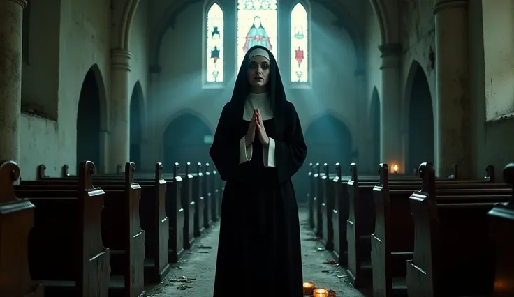 An old, decaying church, plunged into the gloom of the night, with broken stained glass windows and aged wooden benches.  in the center of the image , a ghostly nun in a black veil stands in the church aisle, with their hands clasped together in prayer.  H...