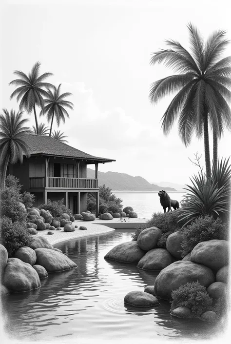 Charcoal portrait of a Brazilian house, a water fountain, a beach, planting trees, pulling out a lion statue