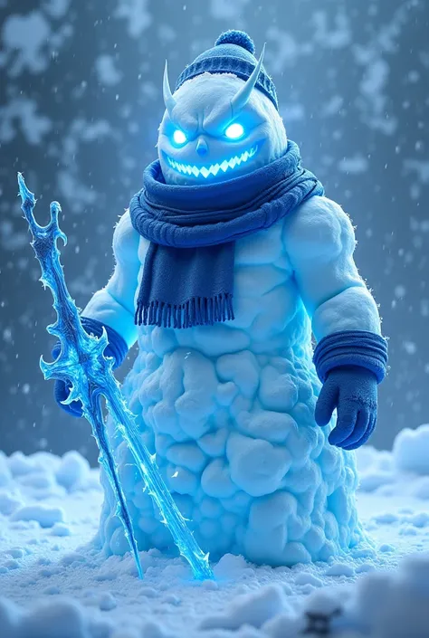 Angry snowman with blue accessories and a fire blue sword 