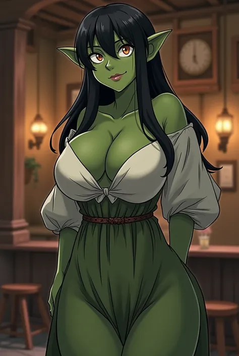  Traditional Anime Troll Woman . Dark green skin .  long straight hair, With bangs on the forehead.  large pointed ears . long and pointed nose. Chubby body with big curves .  attractive thick thighs . Very big firm breasts.  Wearing Medieval Middle Ages P...