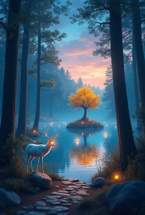  float. A magical forest setting at dusk ,  with tall, ancient trees whose trunks shine lightly with a neon blue tone .  on the ground,  there is a path of luminous stones that lead to a crystalline lake ,  where small floating lanterns .  In the center of...