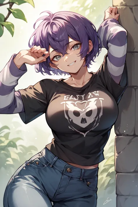 1 girl, solo, black short sleeve t-shirt, layered sleeves, white long sleeves, jeans, defBernie, purple hair, grey eyes, black t-shirt over white long sleeves, large breasts, confident smile, striped sleeves