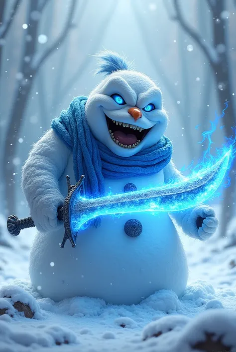 Angry snowman with blue accessories and a fire blue sword on his body and on the sword 