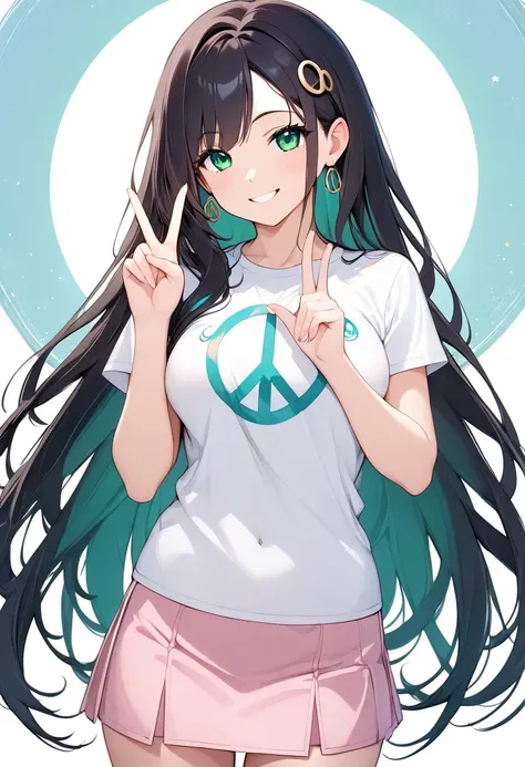 (( top quality, 8k,  Masterpiece: 1.3)),Human Girl,(( small,glamorous body, curved)), cute,  Smile Face,((  long dark hair)), Beautiful emerald green eyes, Peace Sign with Two Hands  , white t-shirt , pink miniskirt ,cowboy shot,The background is light blu...