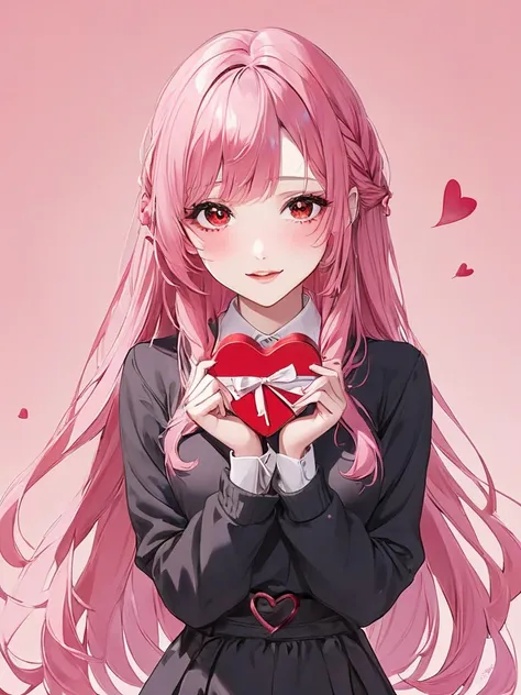 1 girl red eyes pink long hair Valentine's Day 