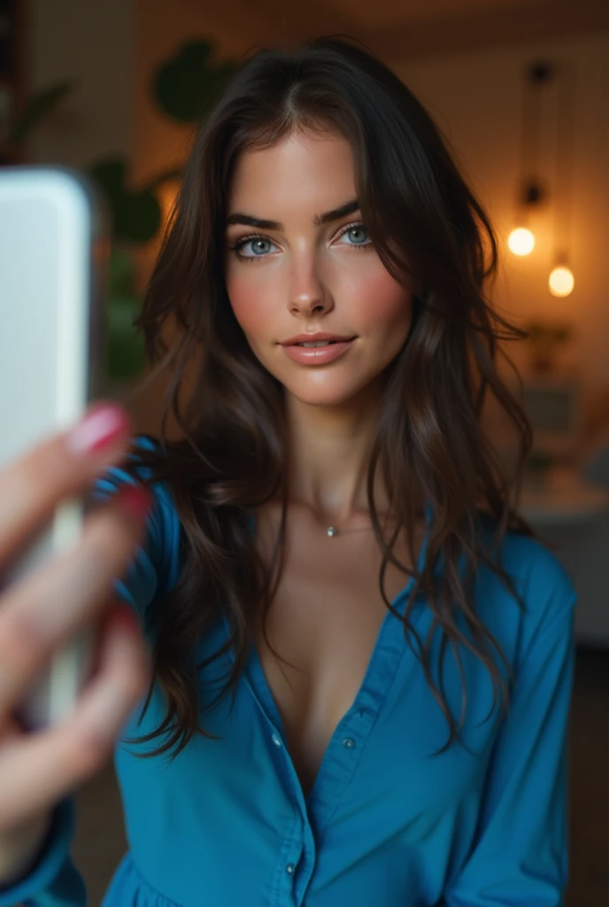 20 year old girl taking a selfie with a seductive face for Instagram with black hair, brunette and dark eyes. You have to wear a blue shirt. The background has to be a common room.