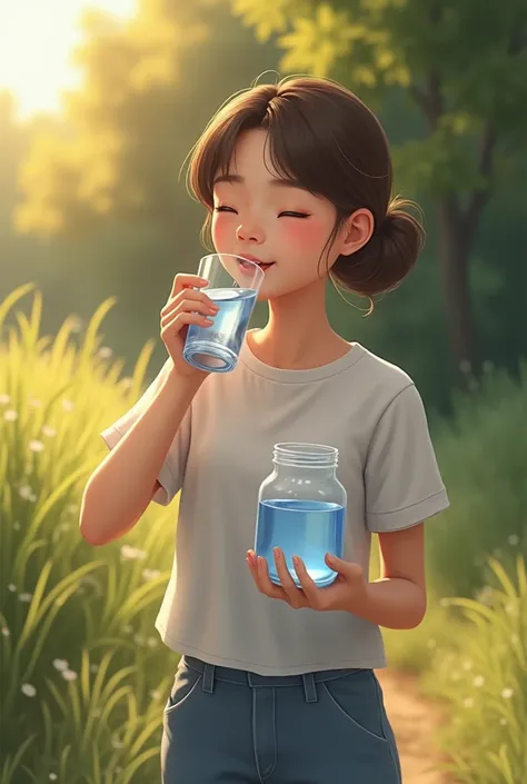 A person drinking water in a glass cup under the sun in the other hand holds a glass jar full of water