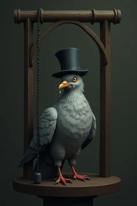 A pigeon Sigma is on a guillotine and is crying,La Paloma is Sigma,He has a top hat and is elegant but he is crying tears 