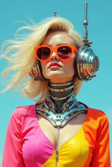  A modern woman with large and colorful retro-style glasses ,  blond hair brushed with movement by the wind ,  and a pronounced neckline that highlights its femininity .  Her clothing combines vibrant geometric elements in shades of neon pink ,  orange and...