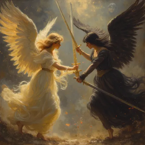 A female angel of immaculate beauty fights another female angel of immaculate beauty with her sword. The left angel has white wings and straight blonde hair and holds a golden sword in her right hand.  The right angel has dark wings and straight black hair...