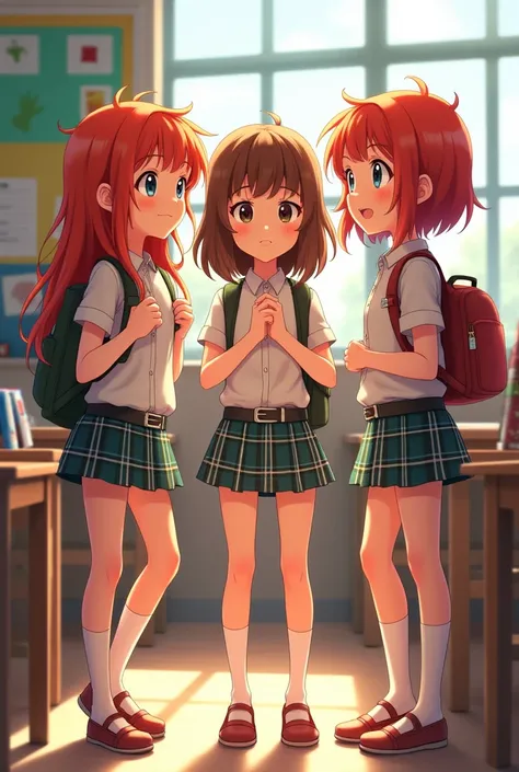 Three age girls at school, two twin redheads and one with brown hair 