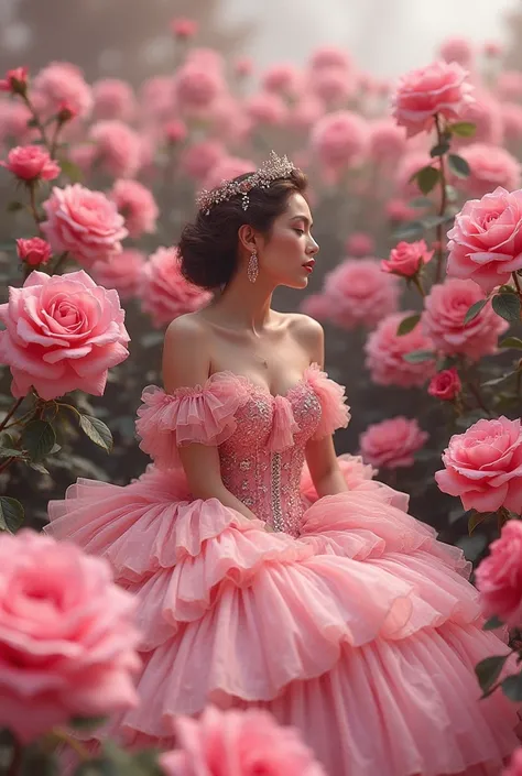  A woman with pink baroque dress beautiful layer by layer sitting in a huge ping rose The roses are huge her dress fantastically beautiful 