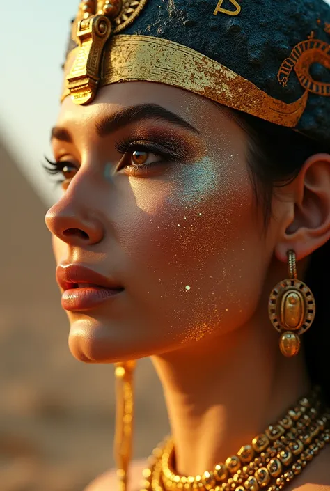 The face of a beautiful woman where her face is combined with an ancient Egyptian landscape that has surreal sparkles and illuminations 