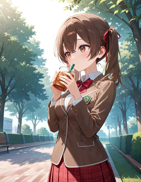 masterpiece, best quality, highly detailed, ultra high res, 1girl, medium breasts, cute girl, short girl, wearing white collared shirt, red bowtie, red plaid skirt, dark brown blazer, brown hair, twintails, hair ribbon, outdoor, park, standing, drinking te...