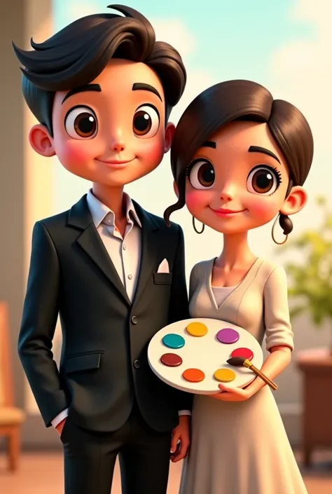 A cute animated catchter couple looking at the camera of a navy husband in a black suit and a short-haired art teacher's wife holding a brush and pallet in both hands