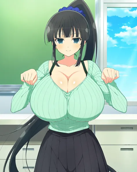 score_9, score_8_up, score_7_up, source_anime, anime coloring, anime screencap, yaegashi nan(artist), 1girl, solo, Ikaruga (Senran Kagura New Link), black hair, blunt bangs, hime cut, ponytail, blue scrunchy, blue eyes, black pupils, loving smile, gigantic...