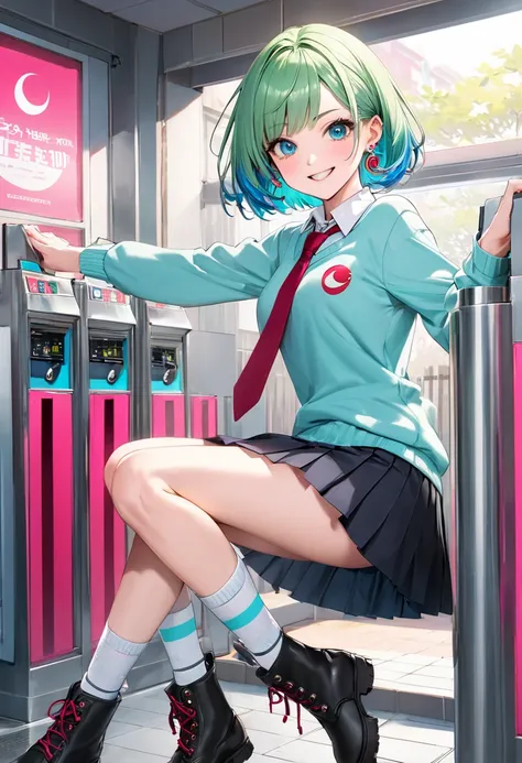  high school girl　1 person　 with a cheerful smile　 station turnstiles　 Vivid Pink Round Bob Shot Cut Hairstyle　 vivid pink eyebrows 　 Blue Green Shirt and Red and Black Diagonal Necktie 　 blue-green pleated skirt 　White long sleeve sweater　Gray socks up to...