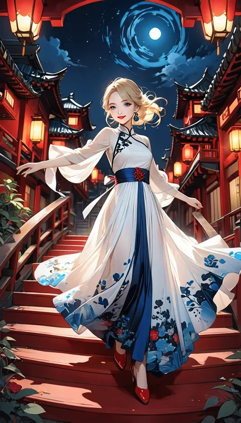  intense ink painting、 image of a dancer in a Chinese period movie、 darker makeup、 clear blue eyes 、 Perfect Face 、 cute girl、 petite and perfect style 、white flowing see-through long dress、 jewelry、 Long Blonde Hair 、 red lips、 Dynamic Poses、 Red Shoes、 l...