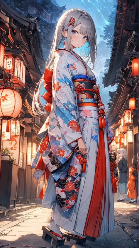  unclear(  TOP QUALITY、  Masterpiece、  high resolution)、((1 person)),(A cute woman wearing a flashy kimono),(Japanese style, fantasy),(Hairpin,(Gray Hair, straight hair,Middle,Light Blue Gradient , inner color)),Kyoto,Iromachi, white socks,High Geta,Short ...