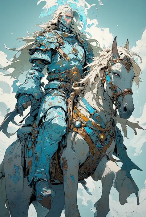 (    top quality   ),(  fantasy   ) (A cool knight on a white horse ) (  with cloud's face and long blond hair、Cool Armor ) high image quality     , Masterpiece,    More Details  ,    dynamic angle, Masterpiece ,   top quality   , High-definition CG 、   Un...