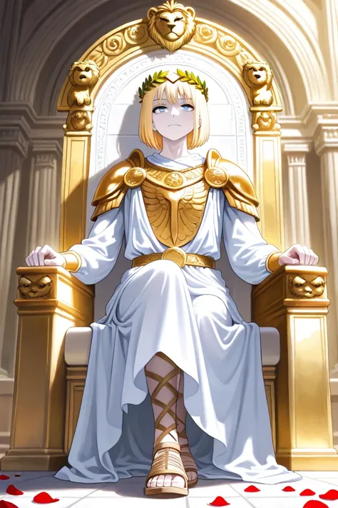 1guy, joung, pale skin,Blonde hair, straight hair,short hair,laurel wreath,toga with golden lion head shoulder pad,roman sandals,ancient rome style palace,blue eyes,kind face,serene look,sitting in her throne,Roman centurions in line,rose petals rain