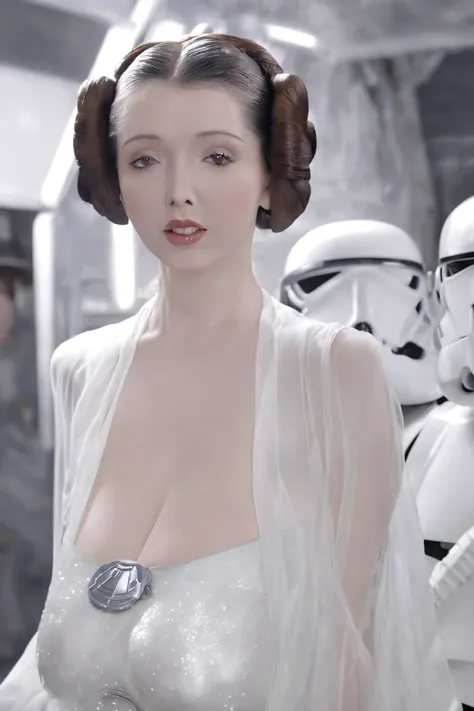 a beautiful woman with Lucie Wilde's face dressed as Princess Leia in a translucent white sheer gown, revealing her body, with an iconic side bun hairdo, receiving hard anal sex from huge dick stormtroopers on a space station, highly detailed, photorealist...