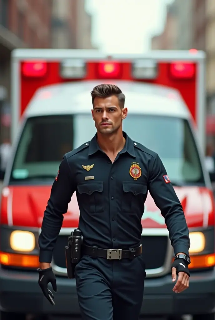 Mec mignon, corps athlétique dans les environ de 25 ans avec une uniforme de pompiers 