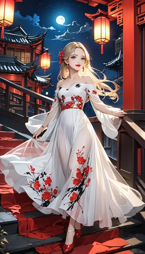  intense ink painting、 image of a dancer in a Chinese period movie、 darker makeup、 clear blue eyes 、 Perfect Face 、 cute girl、 petite and perfect style 、white flowing see-through long dress、 jewelry、 Long Blonde Hair 、 red lips、 Dynamic Poses、 Red Shoes、 l...