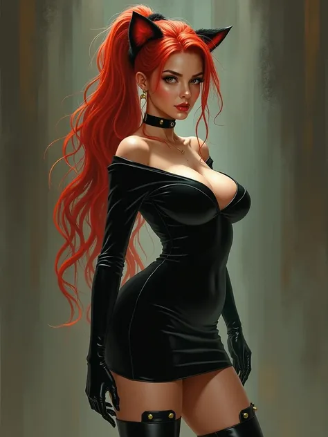 Long red hair in a pony tail women  Curvy figure velvet black miniskirt cat ears boots not tail realistic 