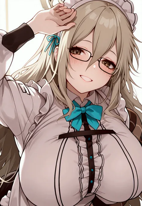 masterpiece, 1 girl, solo, Akane murokasa from blue archive, Maid, headlace, glasses, warm smile, tall,hair , long Bang, around perfect buttocks,saggy Big breast,,thicc legs, long hair,, blush,, around hips, thicc legs, Big saggy breast, extender hand,smil...